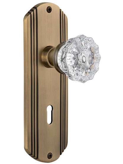 Streamline Deco Door Set With Fluted Crystal Glass Door Knobs in Antique Brass .